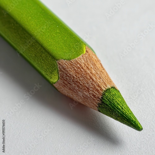 Bright green pencil sits on plain surface ready for use in drawing or coloring projects in an indoor setting with good lighting