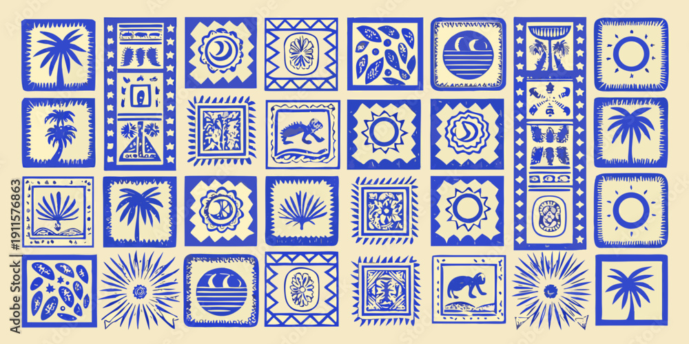 Fototapeta Collection of vintage style blue and white patterned rectangular tiles