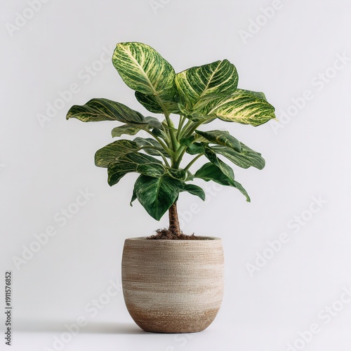 Green plant in a simple pot placed against a plain background in a well-lit room during the day