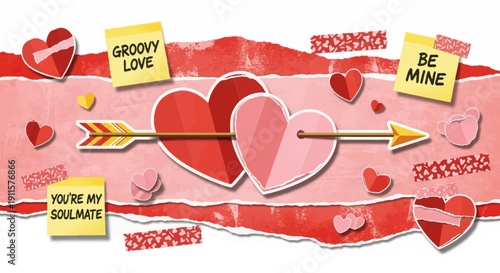 Illustration of overlapping red and pink hearts with arrow, surrounded by Valentine's messages and decorative elements