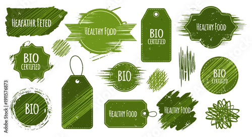 Collection of green labels and tags with bio certified and healthy food text, illustration, flat lay, graphic design elements