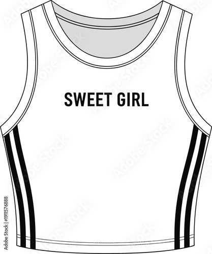 Women sporty crop tank top with side stripes sweet girl slogan vector fashion apparel template