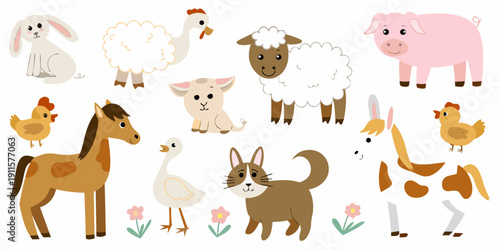 Charming cartoon farm animals and pets gathered with floral elements