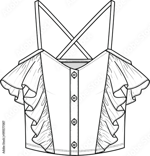 Women ruffle sleeve crop top technical fashion sketch with button front and cross back straps vector template