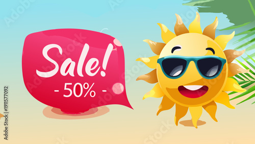Summer sale advertisement featuring a smiling sun and discount offer