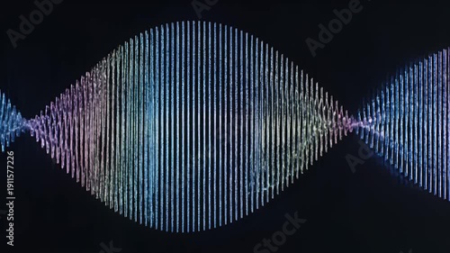 Abstract image of vertical lines in a wave-like shape with rainbow color gradient on black background