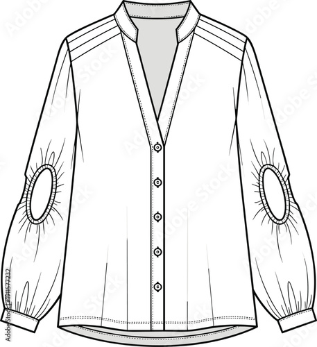 Women long sleeve button down blouse technical fashion sketch with elbow cutout detail vector apparel template