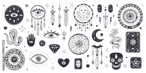 Mystical collection of occult symbols celestial motifs and esoteric imagery