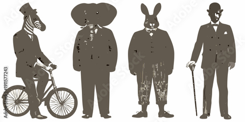 Anthropomorphic figures with animal heads in vintage attire stand together