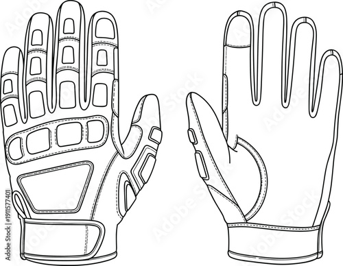 Protective work gloves front and back view technical line drawing vector illustration isolated on white background