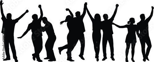 Group of happy people silhouettes celebrating dancing and jumping together isolated vector illustration on white background
