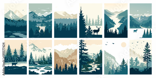 A collection of stylized landscape scenes featuring mountains forests and wildlife