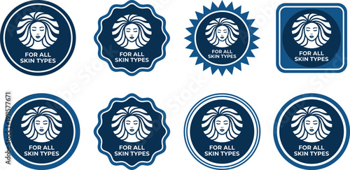 Blue cosmetic badge collection with woman face logo and for all skin types label vector set design branding icons pack