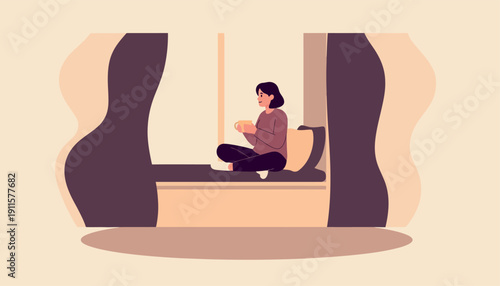 A cozy young woman is comfortably sitting cross-legged on a charming window seat, gently holding a warm mug of coffee or tea, enjoying a serene moment of peace and quiet relaxation, while soft drapes 