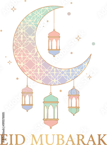Elegant Pastel Eid Mubarak Crescent Moon with Hanging Lanterns and Islamic Geometric Pattern Vector Illustration