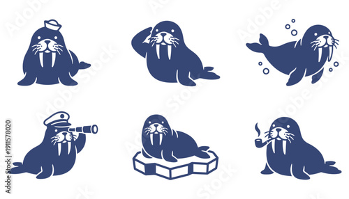 Cute Walrus Character Vector Icon Set - Marine Animal Mascot Collection