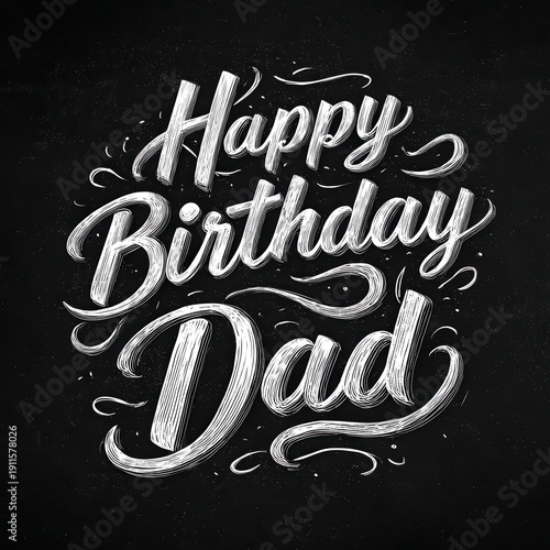 Happy birthday wishes for dad in a creative design with decorations and artistic lettering on a black background