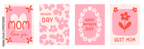 Set of Mother's Day cards with cute flowers. Vector illustration