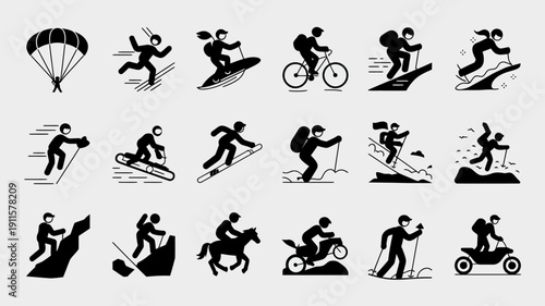 Adventures in Silhouette: A captivating collection of monochrome silhouettes showcasing a spectrum of thrilling outdoor pursuits, capturing the spirit of adventure. 