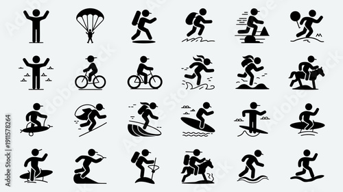 Iconic Adventures: A visual compendium of various activity stick figures, set against a stark backdrop.