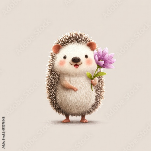 Cute hedgehog holding a flower in a simple background during daylight