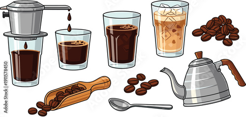 Artisanal Vietnamese coffee brewing kit with stainless steel phin filter goose neck kettle wooden scoop spoon and roasted beans