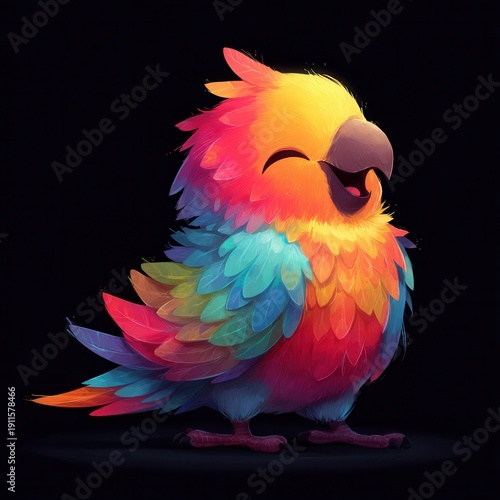 Bright and colorful bird with smiling expression in a dark background during a creative art session