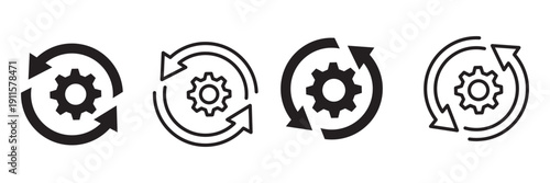 Sync process and workflow icon set. Cycle icons representing refresh process gears. Blue line and solid icons.