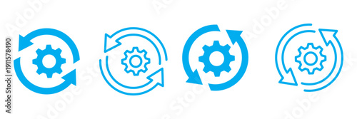 Sync process and workflow icon set. Cycle icons representing refresh process gears. Blue line and solid icons.