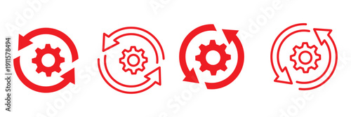Sync process and workflow icon set. Cycle icons representing refresh process gears. Blue line and solid icons.