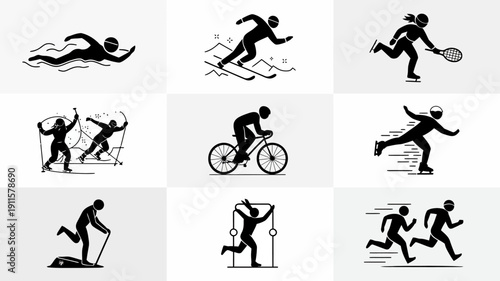 Dynamic Sport Silhouettes: A collection of various sport silhouettes, captured in dynamic poses against the simple background, representing energy, motion and athleticism.