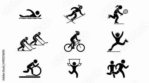 Diverse Sport Icon Collection: A captivating collection of simplified icon represents an array of dynamic sport and activities, a perfect illustration for active lifestyles and athletic pursuits.