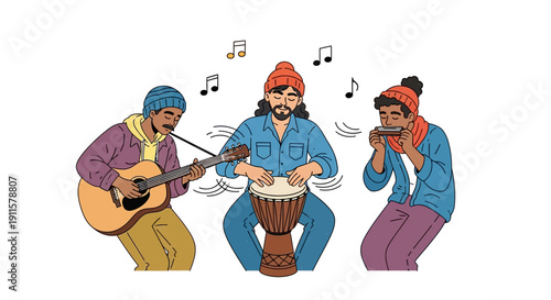 Three musicians playing music together outdoors.