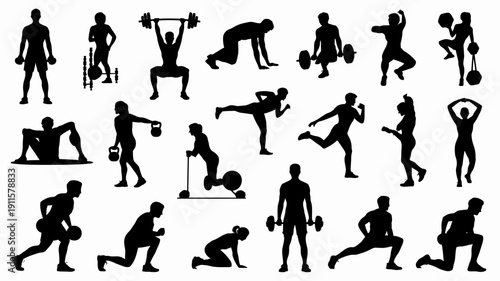 Diverse Fitness Silhouettes: An inclusive collection of fitness silhouettes showcases various exercises and workouts. Capturing the dynamic and energetic essence of physical activity.