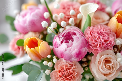 Floral Arrangement Featuring Peonies Tulips Roses Carnations and Calla Lilies in Pastel Colors Perfect for Spring Celebrations and Mother's