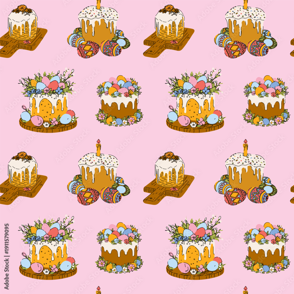 Fototapeta premium Seamless Easter Cake Pattern with Eggs and Flowers