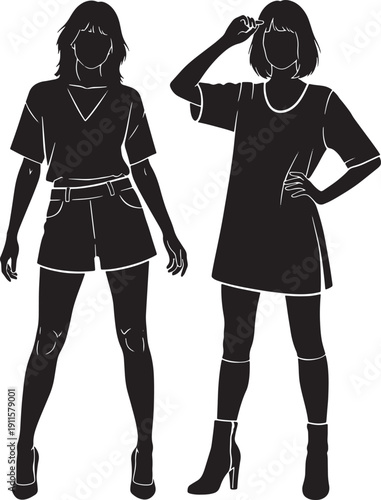 Two women in black and white silhouette poses standing alone