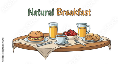Delicious Natural Breakfast with Orange Juice and Pastries on a Table.