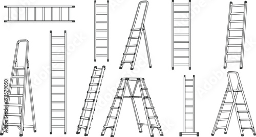 Eleven ladder illustrations including straight, step, and extension ladders in black-and-white line drawing style