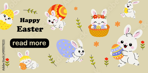 Web page design template.  Cute Easter Bunny Pattern with Eggs and Flower Crowns	