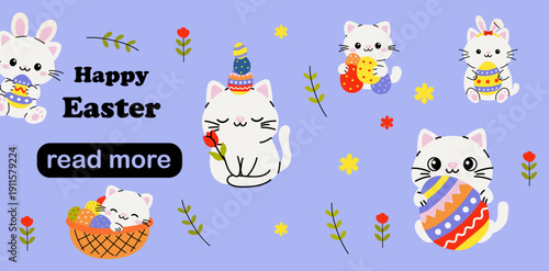 Web page design template. Adorable Easter Cats and Eggs