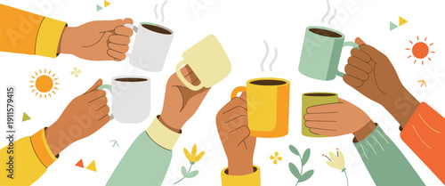 Coffee gathering vector illustration, diverse hands holding mugs, steaming hot beverage artwork, social interaction concept, festive decorative background, cheerful community design