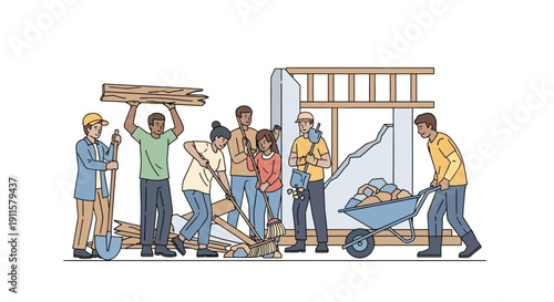 Workers constructing a building frame together.