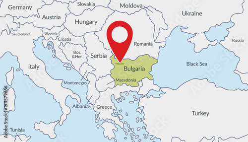 Bulgaria on the Europe map with pin location marker3. Vector flat template.