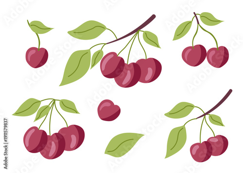Set of cherries isolated on white background. Vector flat cliparts.