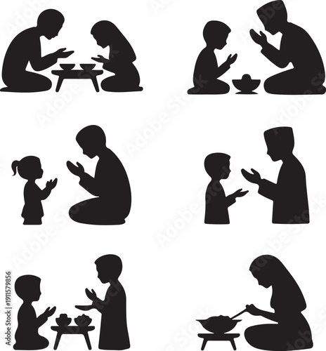 Muslim Family Prayer Silhouette Set – Islamic Ramadan Dua and Iftar Vector Illustration