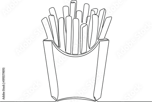 Black and white illustration of a carton filled with french fries. 