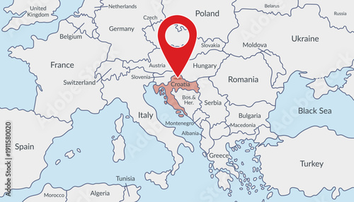 Croatia on the Europe map with pin location marker3. Vector flat template.