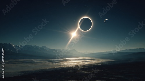 Celestial event depicts cosmic ring alongside a crescent moon, mountainous terrain below