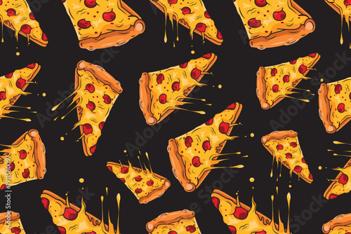 Cheesy Pizza Slices Hand-Drawn Seamless Pattern Vector Illustration Background